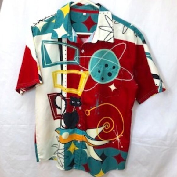 Vintage Royaura NWOT Men Medium Soft Casual Shirt Retro Atomic Cosmic Cat - Picture 1 of 4